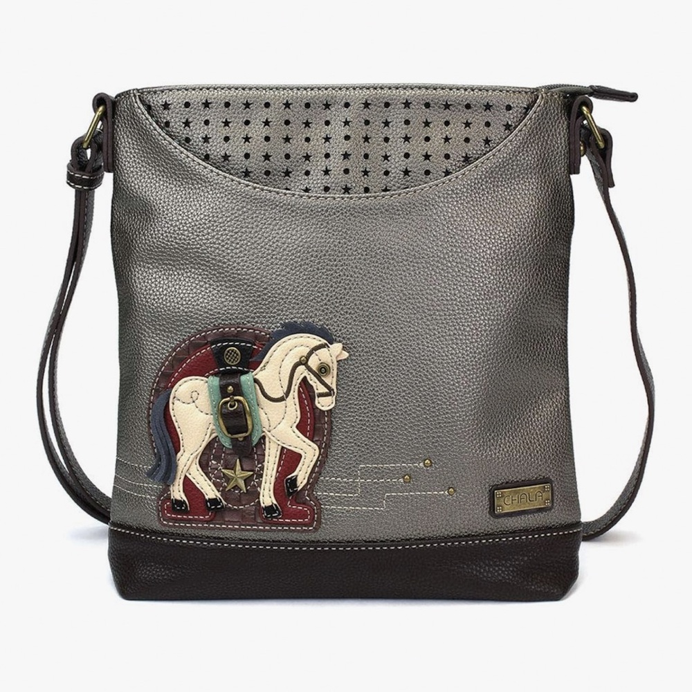 Chala Metallic Gray Crossbody Bag with Horse Applique